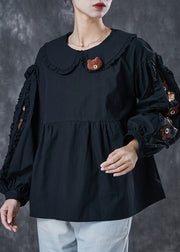 Classy Black Ruffled Pockets Cotton Sweatshirts Top Spring