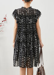 Classy Black Ruffled Print Chiffon Vacation Dresses Summer