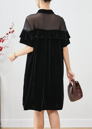 Classy Black Ruffles Patchwork Tulle Hollow Out Silk Velour Dress Fall