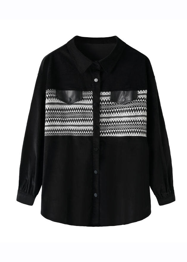 Classy Black Square Collar Print Button Corduroy Shirts Fall