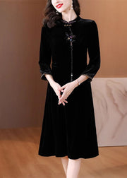 Classy Black Stand Collar Embroidered Floral Silk Velour Maxi Dress Fall