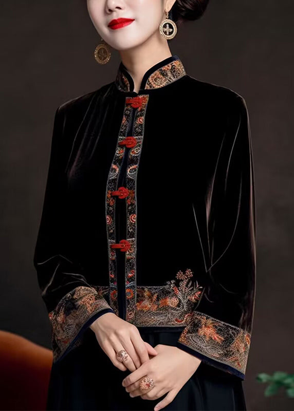 Classy Black Stand Collar Embroidered Silk Velour Coats Fall