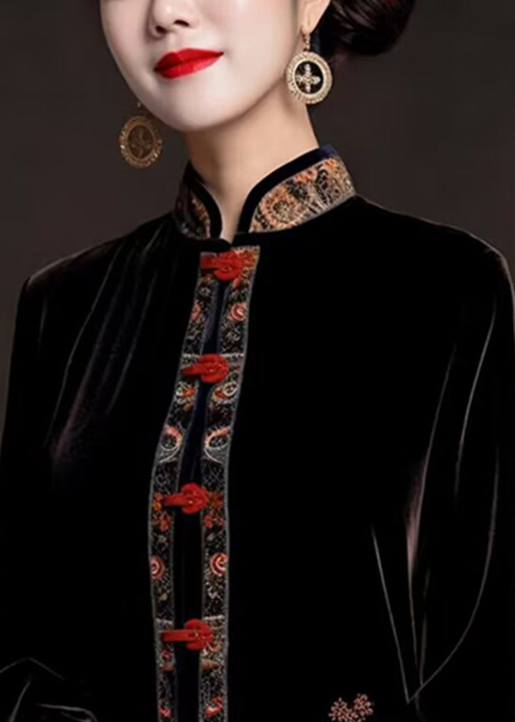 Classy Black Stand Collar Embroidered Silk Velour Coats Fall