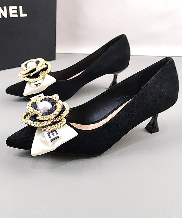 Classy Black Suede Splicing High Heels Pointed Toe