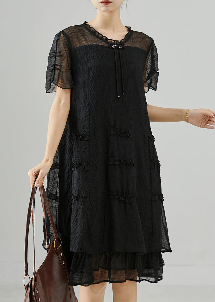 Classy Black Tasseled Ruffled Silk Mid Dress Summer