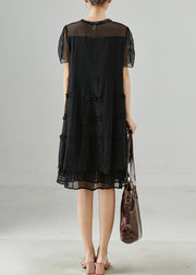 Classy Black Tasseled Ruffled Silk Mid Dress Summer