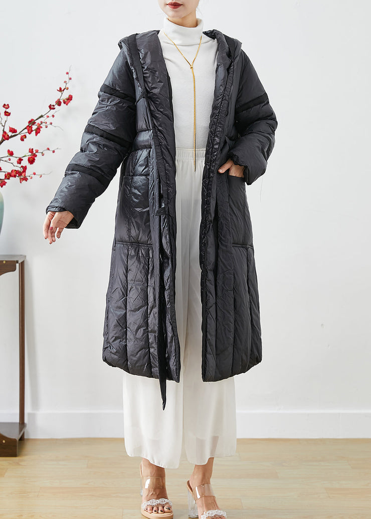 Classy Black Tie Waist Oversized Warm Duck Down Jacket In Winter