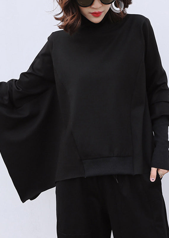 Classy Black Turtleneck Asymmetrical Patchwork Cotton Pullover Long Sleeve