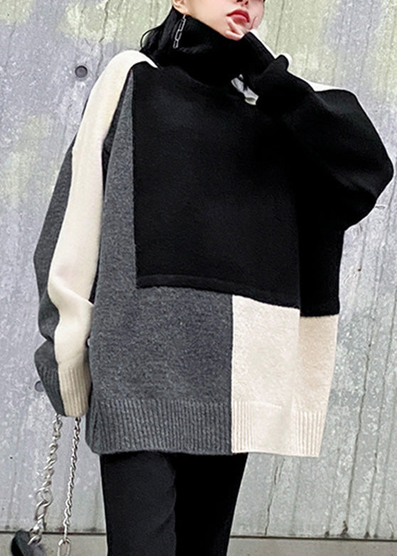 Classy Black Turtleneck Patchwork Cozy Thick Knitted Cotton Sweater Winter