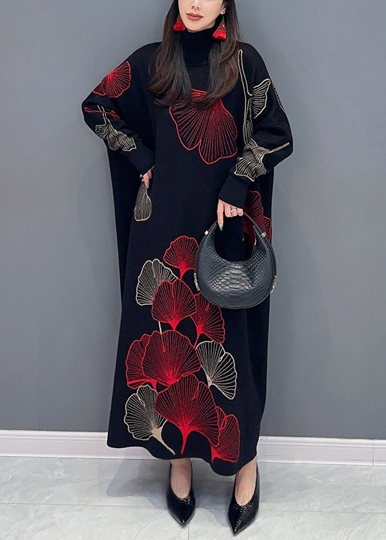 Classy Black Turtleneck Print Cotton Knit Long Dress Long Sleeve