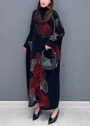 Classy Black Turtleneck Print Cotton Knit Long Dress Long Sleeve