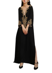 Classy Black V Neck Embroideried Patchwork Cotton Ankle Dress Fall