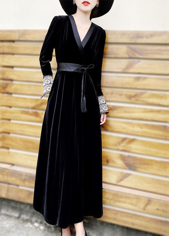 Classy Black V Neck Embroideried Patchwork Velour Dress Spring