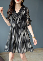 Classy Black V Neck Lace Patchwork Print Chiffon Mid Dress Short Sleeve