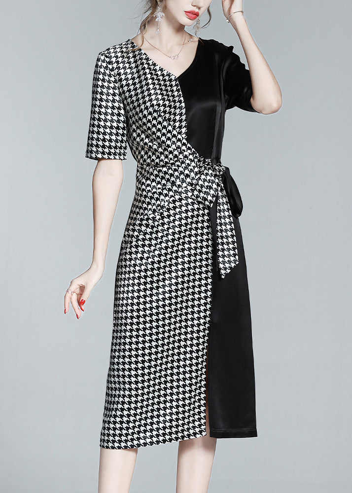 Classy Black V Neck Patchwork Plaid Tie Waist Silk Long Dresses Summer