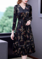 Classy Black V Neck Patchwork Ruffles Print Silk Velour Cinched Dresses Spring