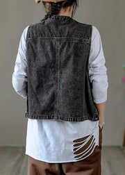 Classy Black V Neck Pockets Patchwork Denim Waistcoat Fall