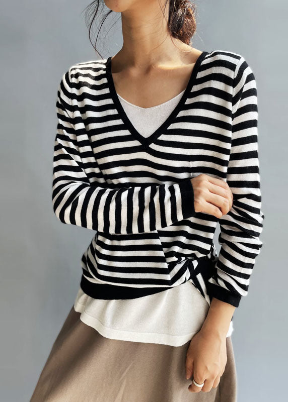 Classy Black White Striped V Neck Knit Tops Fall