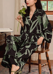 Classy Blackish Green Peter Pan Collar Print Ice Silk Pajamas Women Sets 2 Pieces Spring