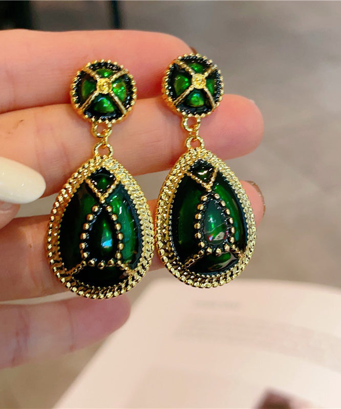 Classy Blackish Green Sterling Silver Overgild Enamel Water Drop Drop Earrings