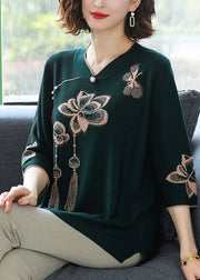 Classy Blackish Green V Neck Print Ice Silk Knit Top Summer