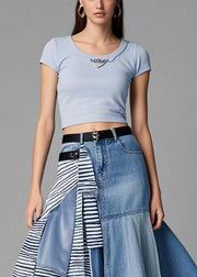 Classy Blue Asymmetrical Patchwork Organza Denim Skirt Spring