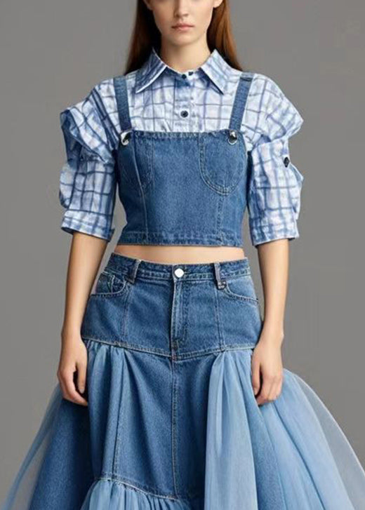 Classy Blue Asymmetrical Patchwork Tulle Denim Beach Skirt Spring