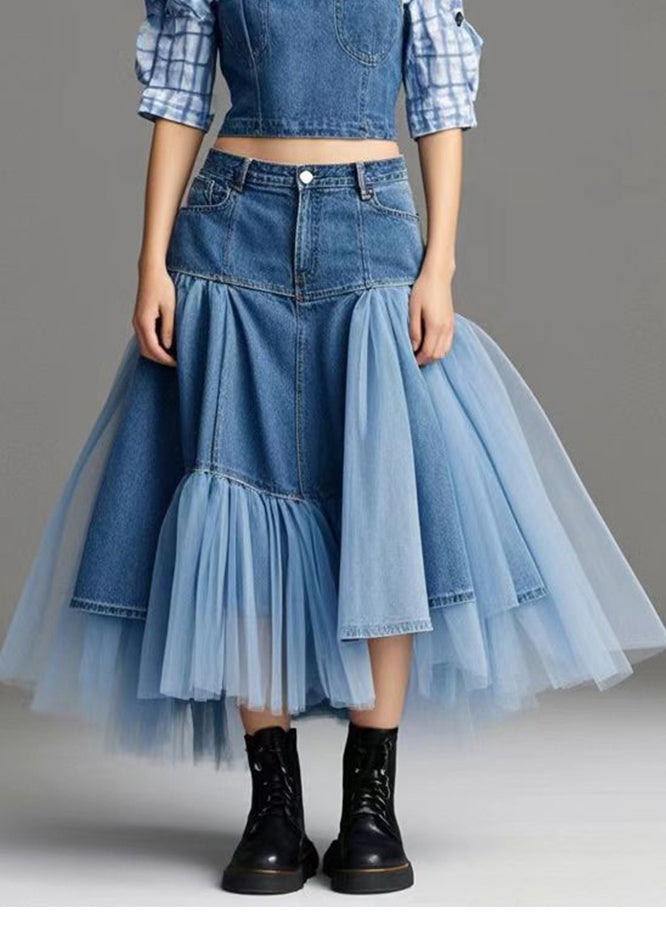 Classy Blue Asymmetrical Patchwork Tulle Denim Beach Skirt Spring