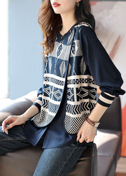 Classy Blue Asymmetrical Print Knit Patchwork Shirts Long Sleeve