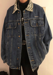 Classy Blue Button Pockets Patchwork Denim Mens Coats Fall