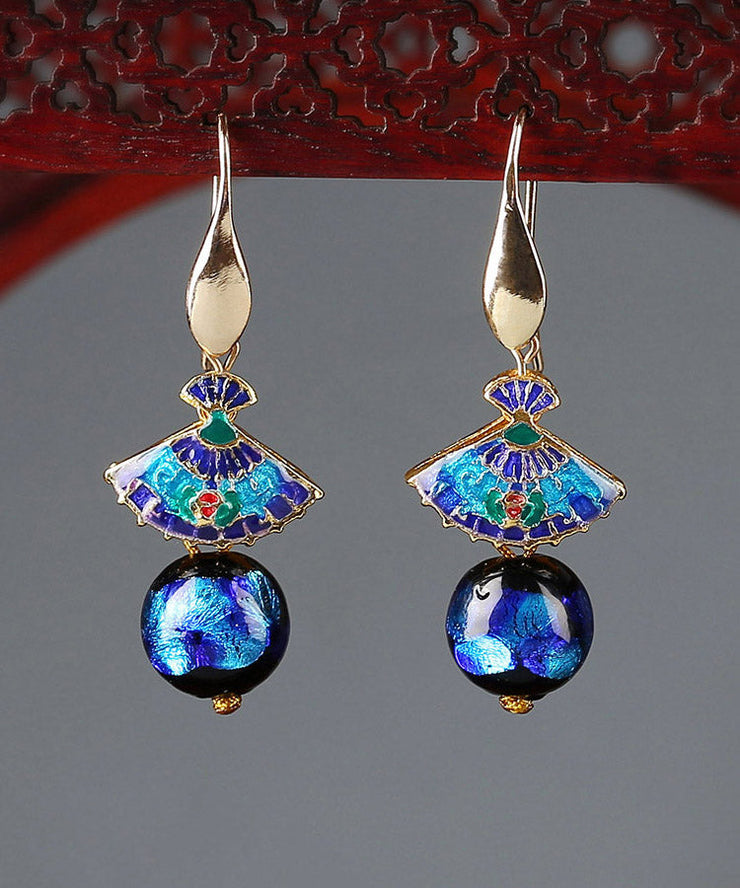 Classy Blue Copper Cloisonne Coloured Glaze Fan Drop Earrings