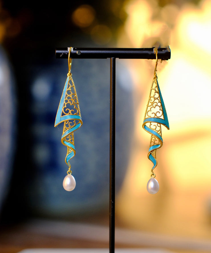 Classy Blue Copper Overgild Pearl Ribbon Hollow Out Drop Earrings