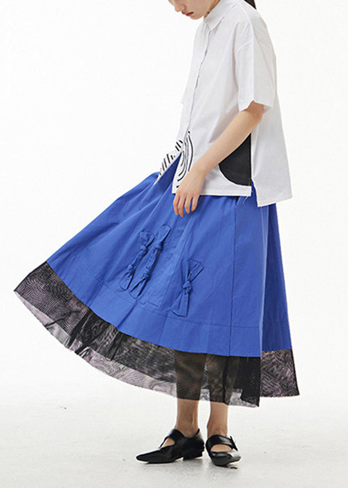 Classy Blue Elastic Waist Tulle Patchwork Bow Cotton Skirt Summer