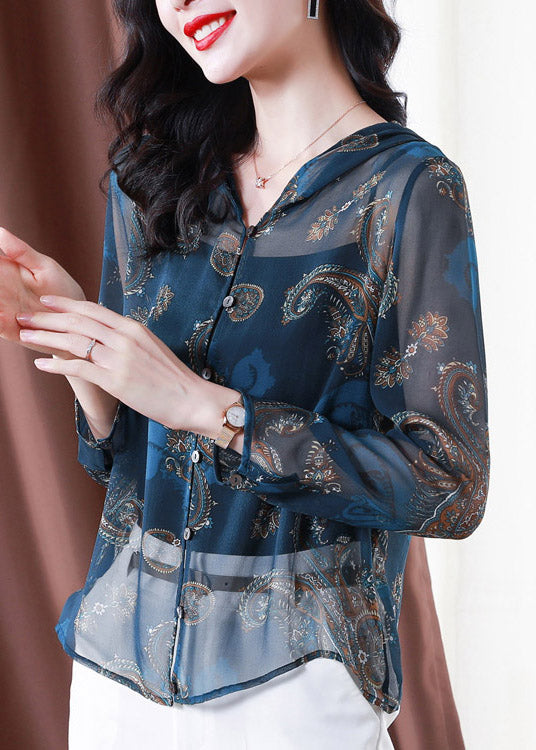 Classy Blue Embroideried Button Hooded Tulle Coat Long Sleeve