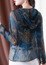 Classy Blue Embroideried Button Hooded Tulle Coat Long Sleeve