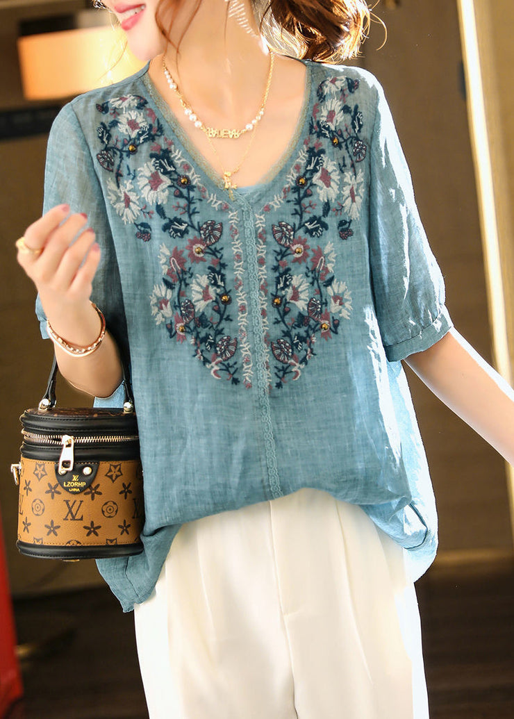 Classy Blue Embroideried Nail Bead Linen Blouse Two Piece Set Summer