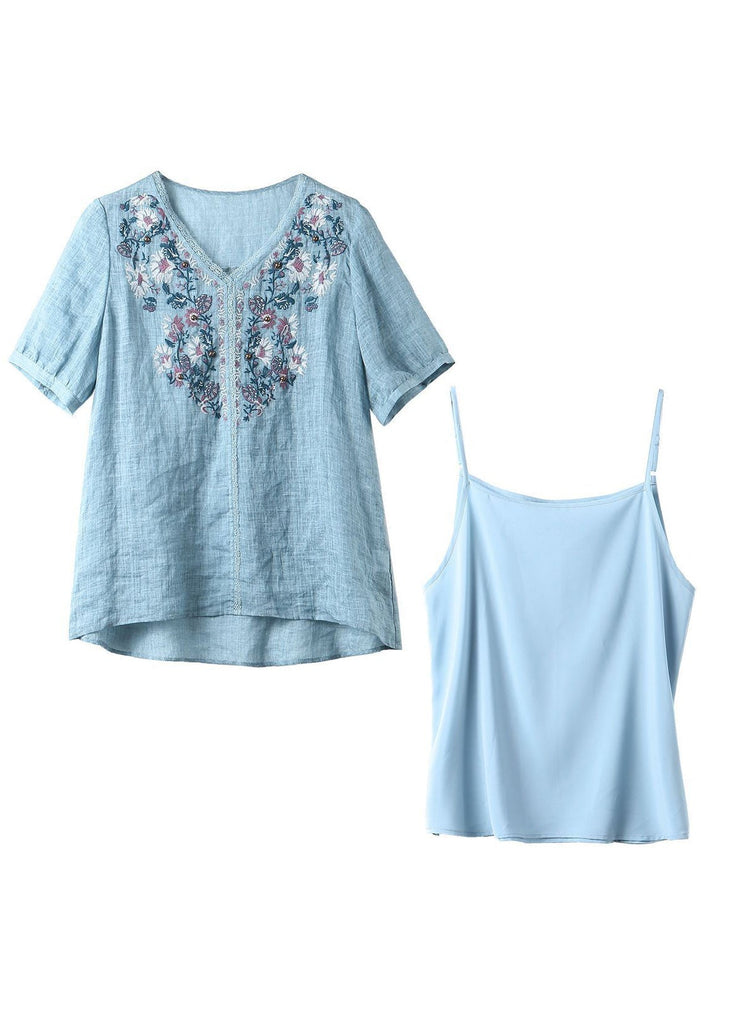 Classy Blue Embroideried Nail Bead Linen Blouse Two Piece Set Summer