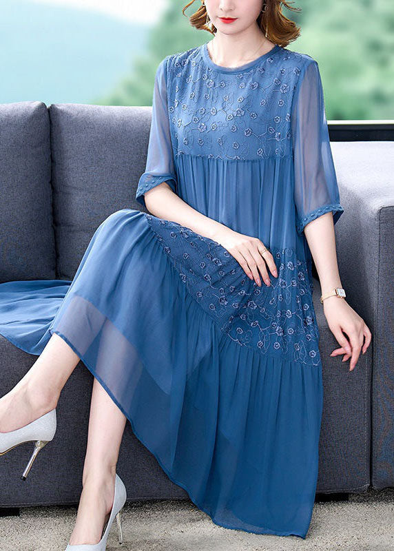 Classy Blue Embroideried Wrinkled Patchwork Chiffon Dresses Summer