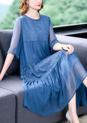 Classy Blue Embroideried Wrinkled Patchwork Chiffon Dresses Summer