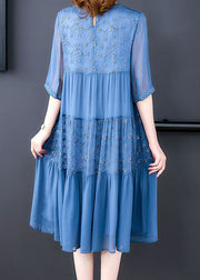 Classy Blue Embroideried Wrinkled Patchwork Chiffon Dresses Summer