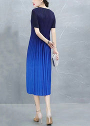 Classy Blue Gradient O Neck Wrinkled Silk Dress Summer