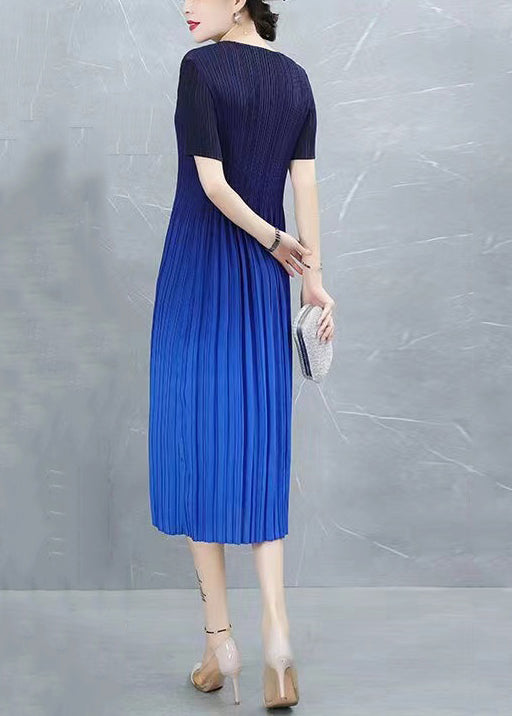 Classy Blue Gradient O Neck Wrinkled Silk Dress Summer