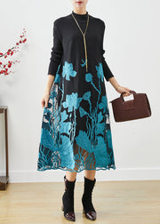 Classy Blue Lotus Embroideried Patchwork Knit Holiday Dress Fall