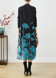 Classy Blue Lotus Embroideried Patchwork Knit Holiday Dress Fall