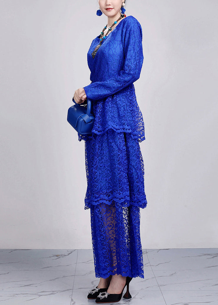 Classy Blue O Neck Hollow Out Lace Long Dress Fall