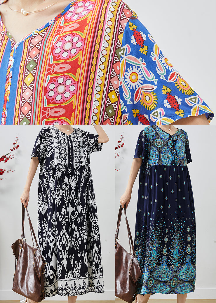 Classy Blue Oversized Print Cotton Maxi Dresses Summer