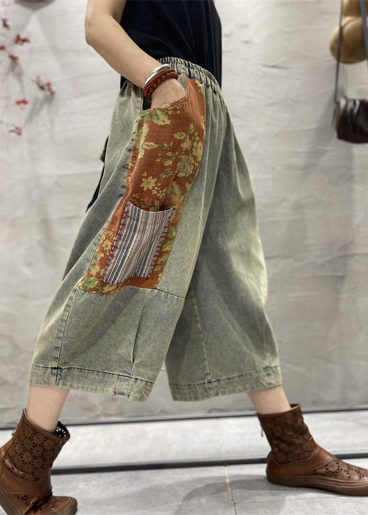 Classy Blue Print Patchwork Wide Leg Denim Pants Summer