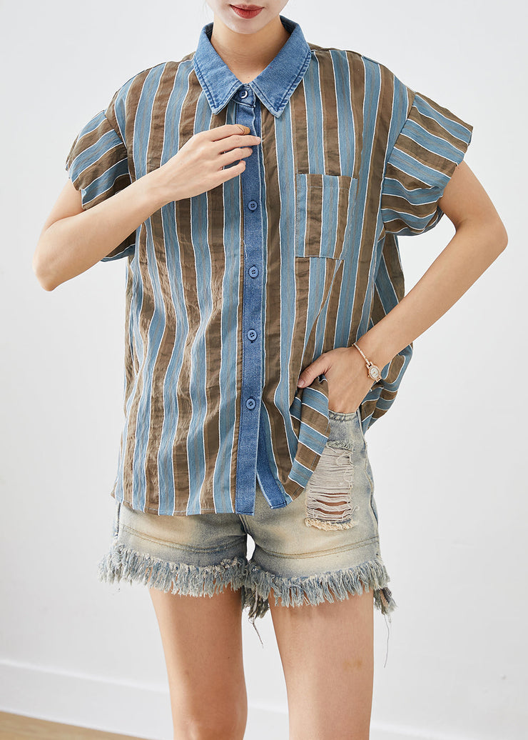 Classy Blue Puff Sleeve Striped Cotton Shirt Top Summer