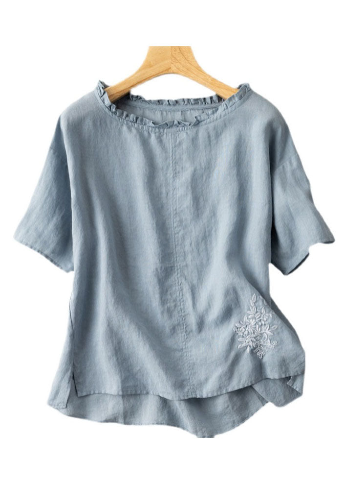 Classy Blue Ruffled Embroideried Patchwork Cotton T Shirts Tops Summer