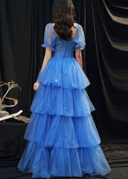 Classy Blue Ruffled Layered Patchwork Tulle Party Dresses Summer